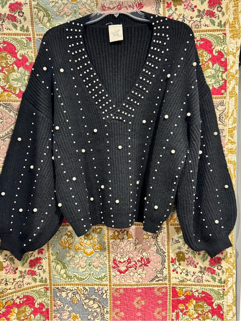Black Pearl-Embellished V-Neck Sweater